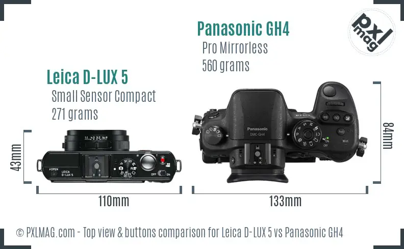 Leica D-LUX 5 vs Panasonic GH4 top view buttons comparison