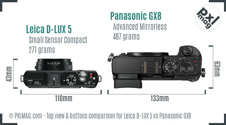 Leica D-LUX 5 vs Panasonic GX8 top view buttons comparison