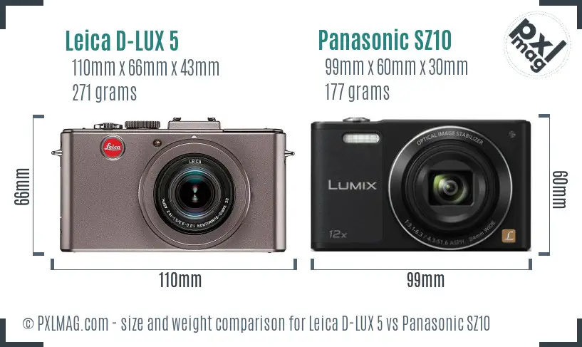Leica D-LUX 5 vs Panasonic SZ10 size comparison Leica D-LUX 5 vs Panasonic SZ10 size comparison