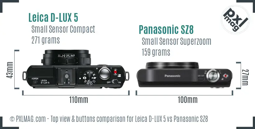 Leica D-LUX 5 vs Panasonic SZ8 top view buttons comparison Leica D-LUX 5 vs Panasonic SZ8 top view buttons comparison