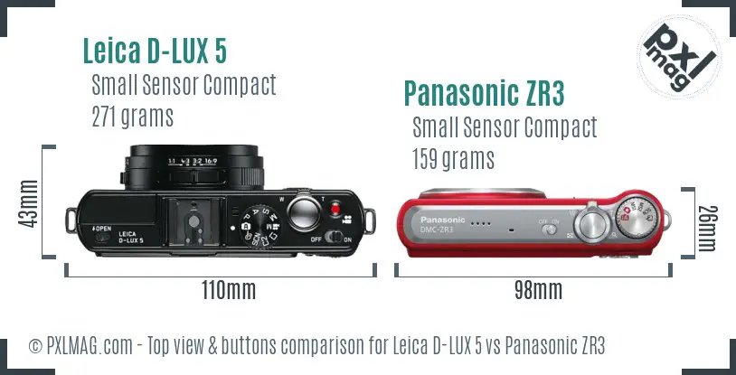 Leica D-LUX 5 vs Panasonic ZR3 top view buttons comparison