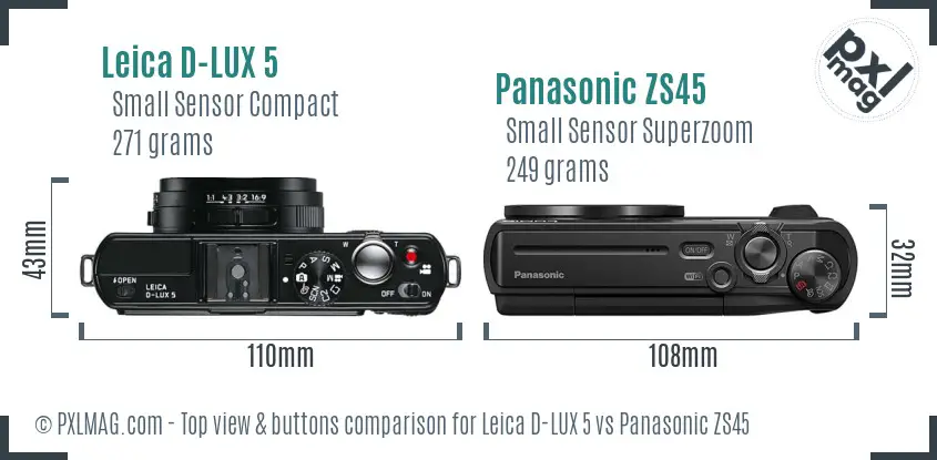 Leica D-LUX 5 vs Panasonic ZS45 top view buttons comparison