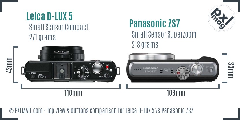 Leica D-LUX 5 vs Panasonic ZS7 top view buttons comparison