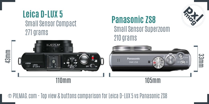Leica D-LUX 5 vs Panasonic ZS8 top view buttons comparison