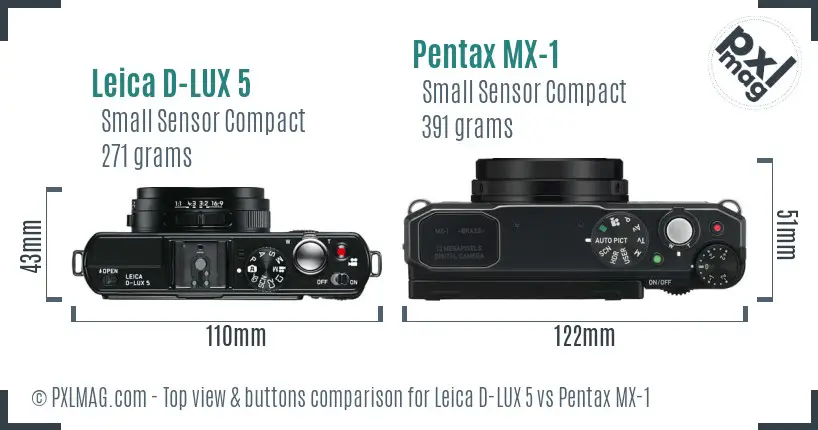 Leica D-LUX 5 vs Pentax MX-1 top view buttons comparison