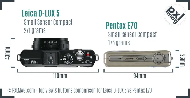 Leica D-LUX 5 vs Pentax E70 top view buttons comparison