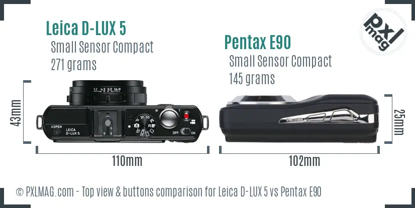 Leica D-LUX 5 vs Pentax E90 top view buttons comparison