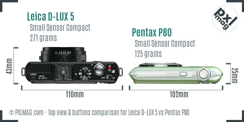 Leica D-LUX 5 vs Pentax P80 top view buttons comparison Leica D-LUX 5 vs Pentax P80 top view buttons comparison