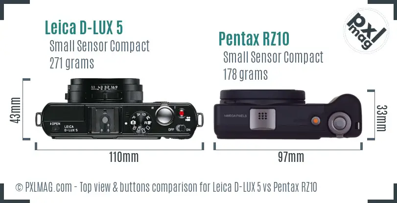 Leica D-LUX 5 vs Pentax RZ10 top view buttons comparison