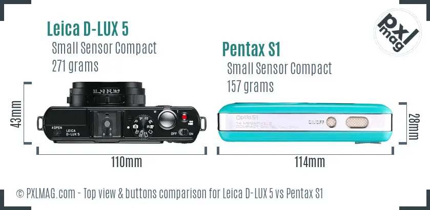 Leica D-LUX 5 vs Pentax S1 top view buttons comparison Leica D-LUX 5 vs Pentax S1 top view buttons comparison
