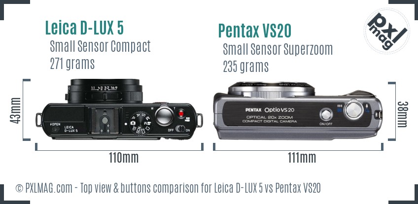 Leica D-LUX 5 vs Pentax VS20 top view buttons comparison