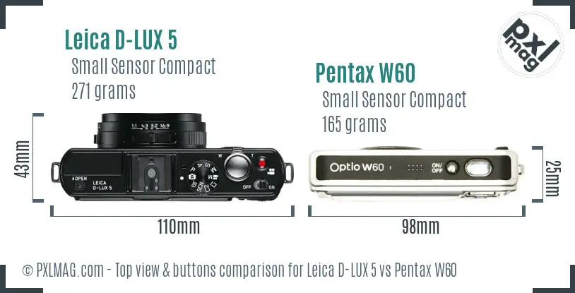 Leica D-LUX 5 vs Pentax W60 top view buttons comparison