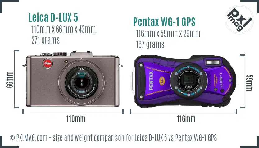 Leica D-LUX 5 vs Pentax WG-1 GPS size comparison Leica D-LUX 5 vs Pentax WG-1 GPS size comparison