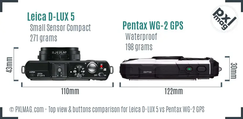 Leica D-LUX 5 vs Pentax WG-2 GPS top view buttons comparison