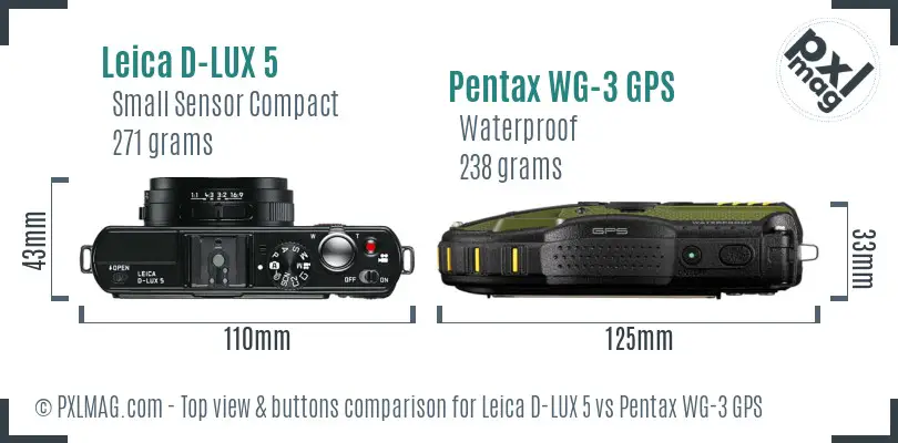Leica D-LUX 5 vs Pentax WG-3 GPS top view buttons comparison