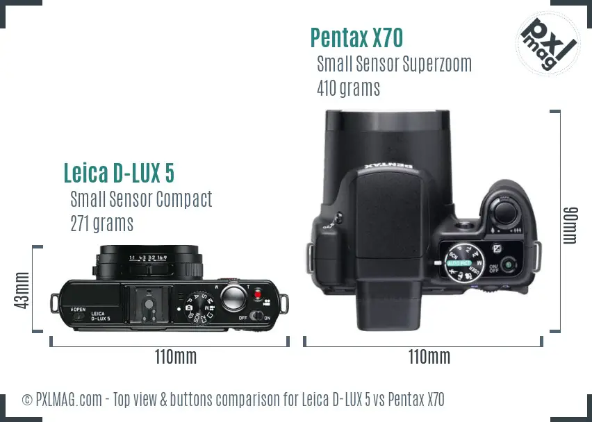 Leica D-LUX 5 vs Pentax X70 top view buttons comparison