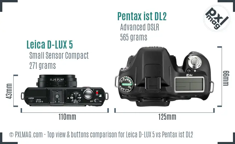 Leica D-LUX 5 vs Pentax ist DL2 top view buttons comparison Leica D-LUX 5 vs Pentax ist DL2 top view buttons comparison