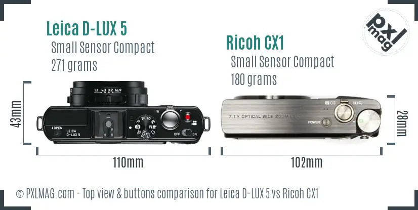 Leica D-LUX 5 vs Ricoh CX1 top view buttons comparison
