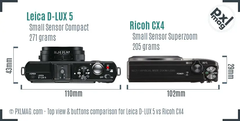 Leica D-LUX 5 vs Ricoh CX4 top view buttons comparison