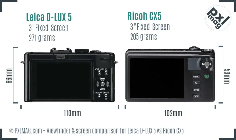 Leica D-LUX 5 vs Ricoh CX5 Screen and Viewfinder comparison