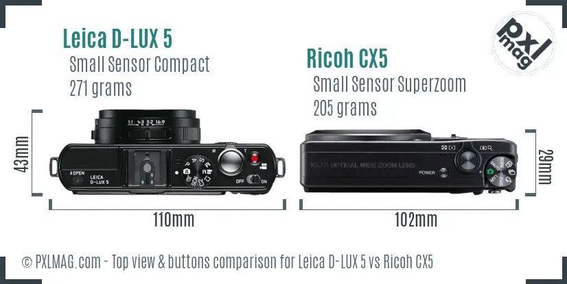 Leica D-LUX 5 vs Ricoh CX5 top view buttons comparison