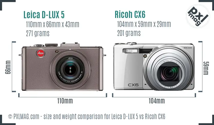Leica D-LUX 5 vs Ricoh CX6 size comparison