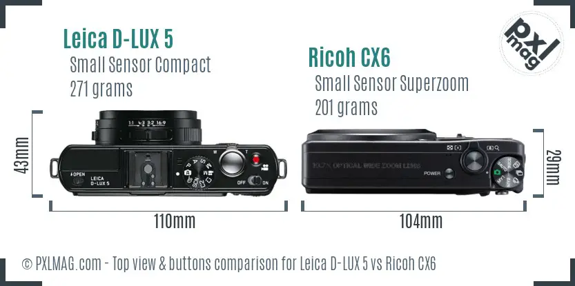 Leica D-LUX 5 vs Ricoh CX6 top view buttons comparison