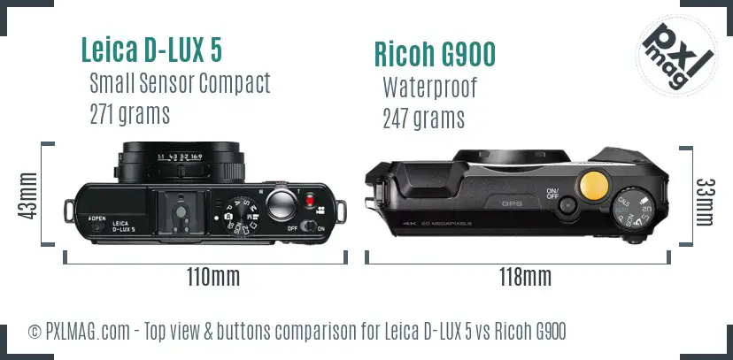 Leica D-LUX 5 vs Ricoh G900 top view buttons comparison Leica D-LUX 5 vs Ricoh G900 top view buttons comparison
