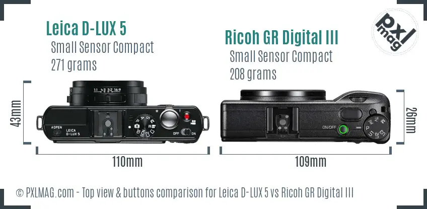 Leica D-LUX 5 vs Ricoh GR Digital III top view buttons comparison