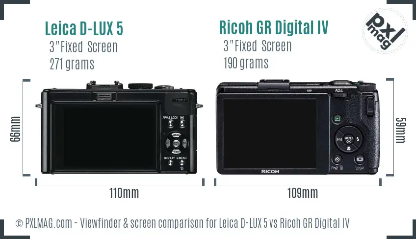 Leica D-LUX 5 vs Ricoh GR Digital IV Screen and Viewfinder comparison