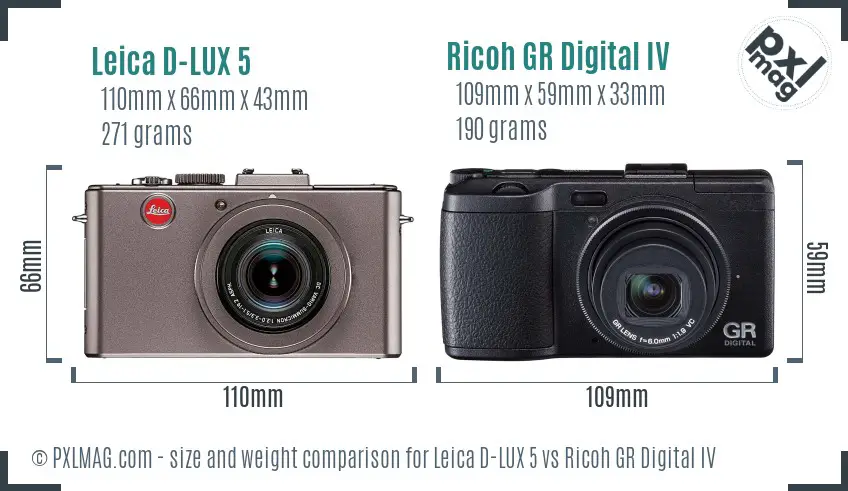 Leica D-LUX 5 vs Ricoh GR Digital IV size comparison