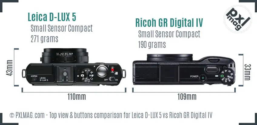 Leica D-LUX 5 vs Ricoh GR Digital IV top view buttons comparison