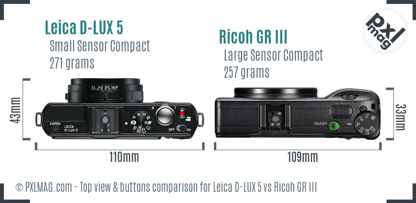 Leica D-LUX 5 vs Ricoh GR III top view buttons comparison