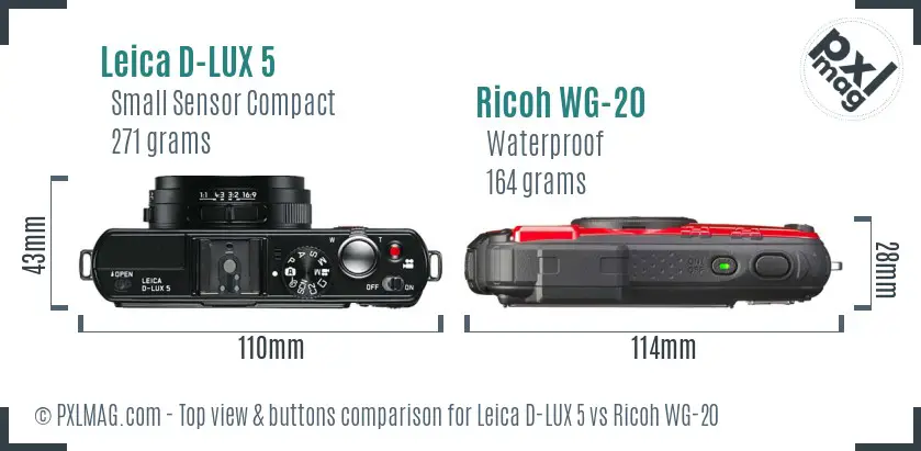 Leica D-LUX 5 vs Ricoh WG-20 top view buttons comparison