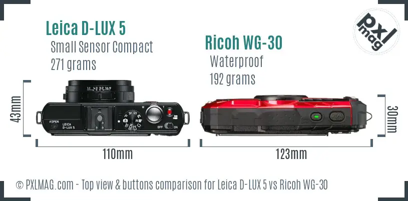 Leica D-LUX 5 vs Ricoh WG-30 top view buttons comparison Leica D-LUX 5 vs Ricoh WG-30 top view buttons comparison