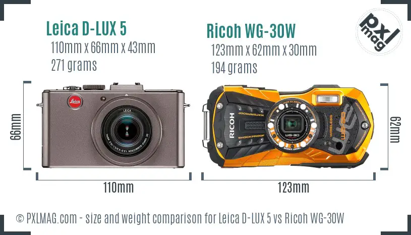 Leica D-LUX 5 vs Ricoh WG-30W size comparison