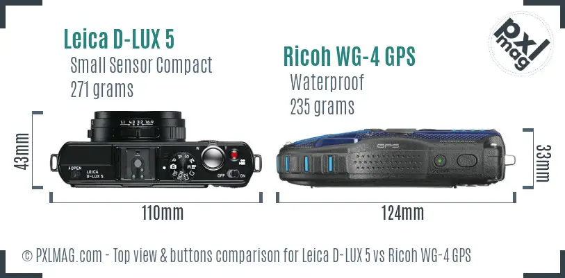 Leica D-LUX 5 vs Ricoh WG-4 GPS top view buttons comparison
