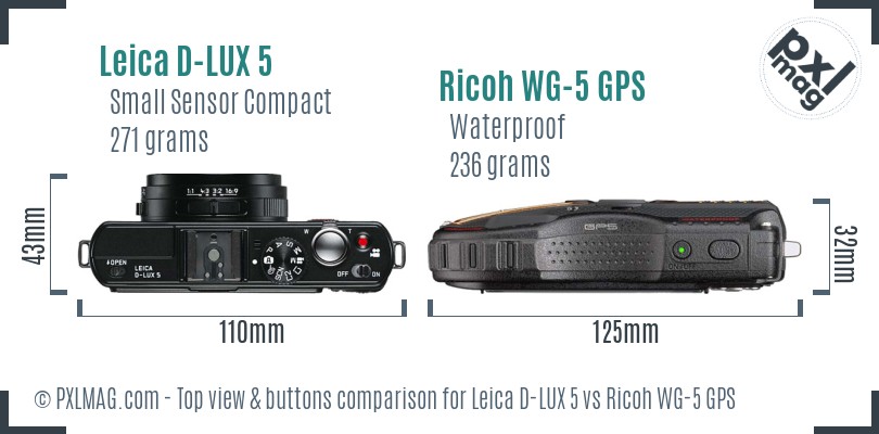 Leica D-LUX 5 vs Ricoh WG-5 GPS top view buttons comparison