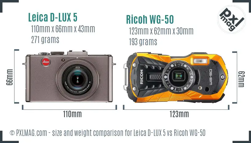 Leica D-LUX 5 vs Ricoh WG-50 size comparison