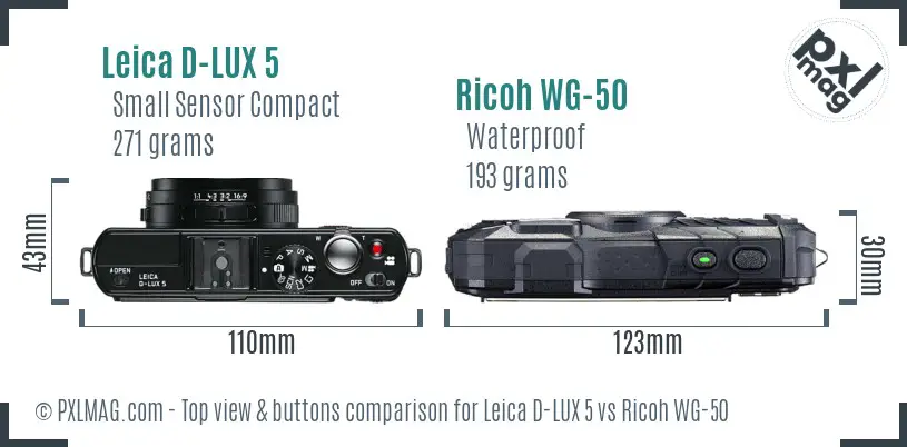 Leica D-LUX 5 vs Ricoh WG-50 top view buttons comparison