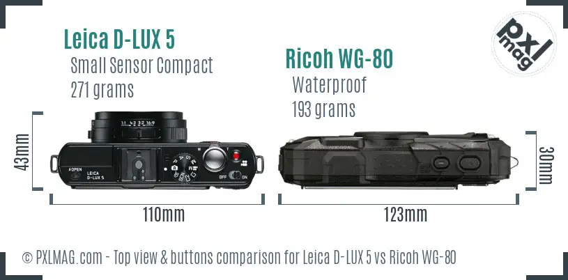 Leica D-LUX 5 vs Ricoh WG-80 top view buttons comparison Leica D-LUX 5 vs Ricoh WG-80 top view buttons comparison