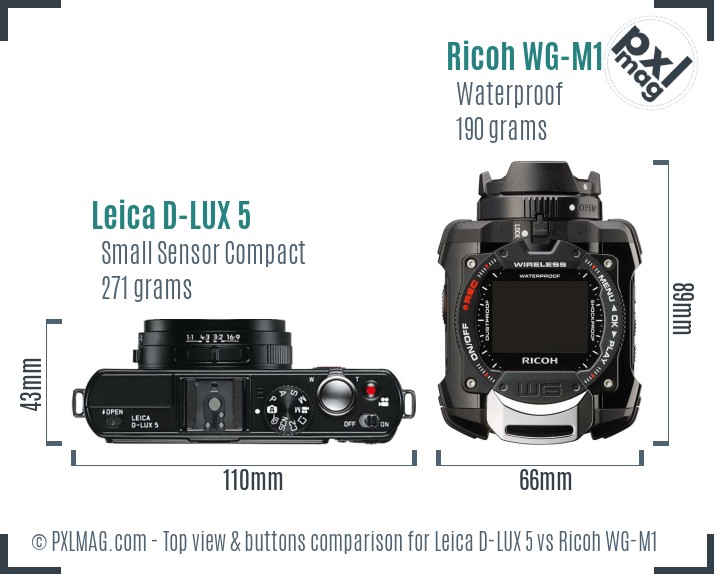 Leica D-LUX 5 vs Ricoh WG-M1 top view buttons comparison