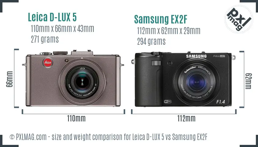 Leica D-LUX 5 vs Samsung EX2F size comparison