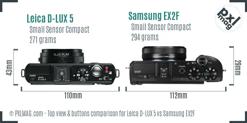 Leica D-LUX 5 vs Samsung EX2F top view buttons comparison
