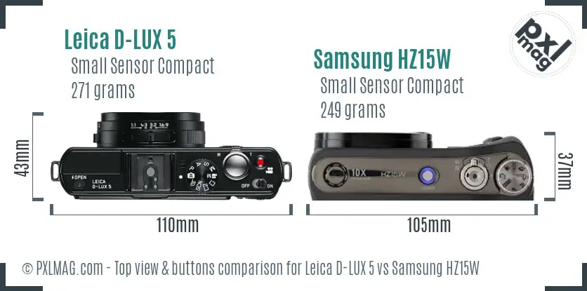 Leica D-LUX 5 vs Samsung HZ15W top view buttons comparison Leica D-LUX 5 vs Samsung HZ15W top view buttons comparison
