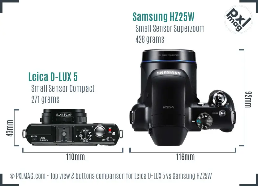 Leica D-LUX 5 vs Samsung HZ25W top view buttons comparison