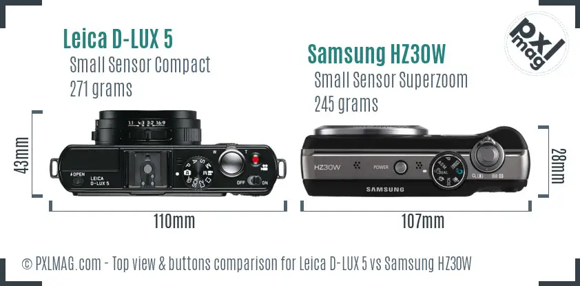 Leica D-LUX 5 vs Samsung HZ30W top view buttons comparison