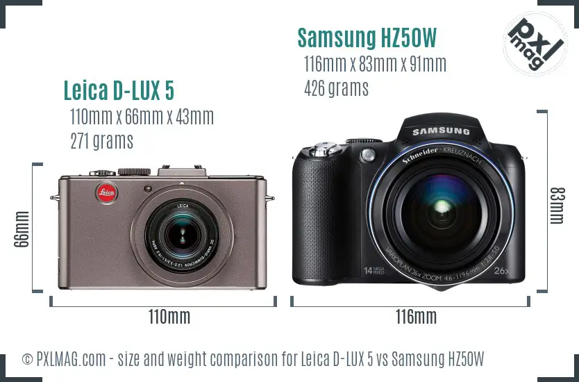 Leica D-LUX 5 vs Samsung HZ50W size comparison