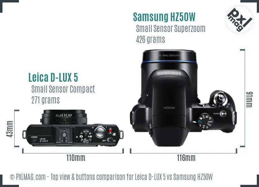 Leica D-LUX 5 vs Samsung HZ50W top view buttons comparison