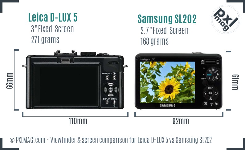 Leica D-LUX 5 vs Samsung SL202 Screen and Viewfinder comparison